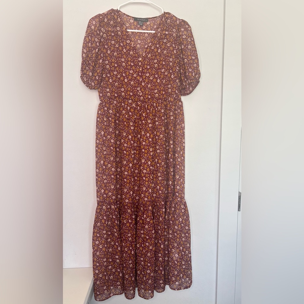 PRIMARK MAROON FLORAL MESH MAXI DRESS SZ 4